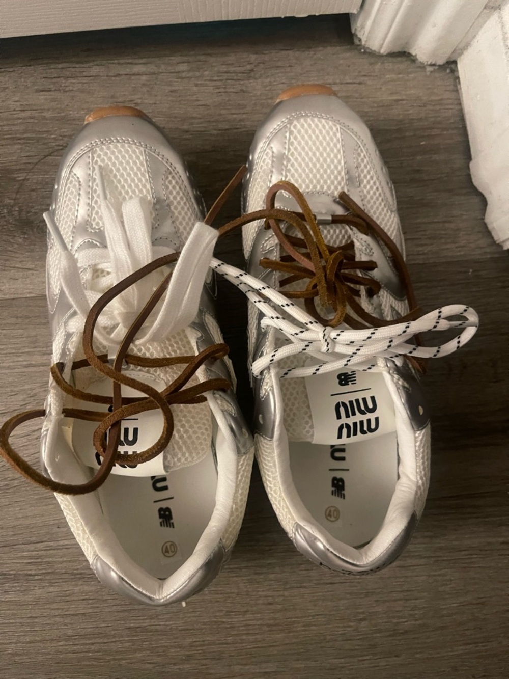 New Balance White and Silver Mixed-Material Sneakers with Brown Laces